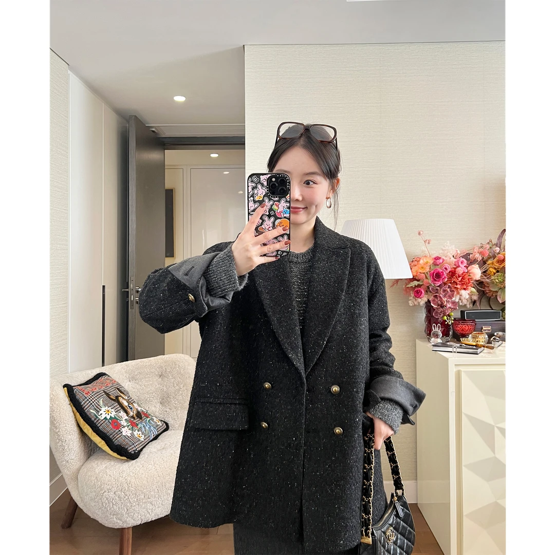 SUNDAYMERRY缤纷彩点花纱 双排扣宽松毛呢西装