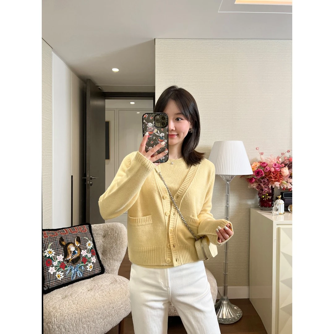 SUNDAYMERRY100山羊绒 春意色泽针织开衫 短袖毛衣套装