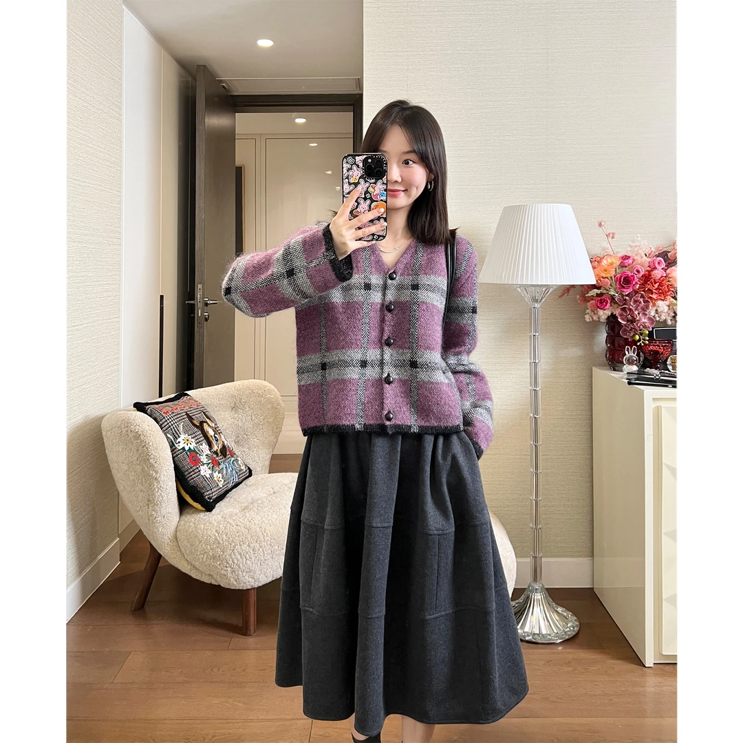 SUNDAYMERRY限量意大利超幼马海 格纹提花针织开衫外套