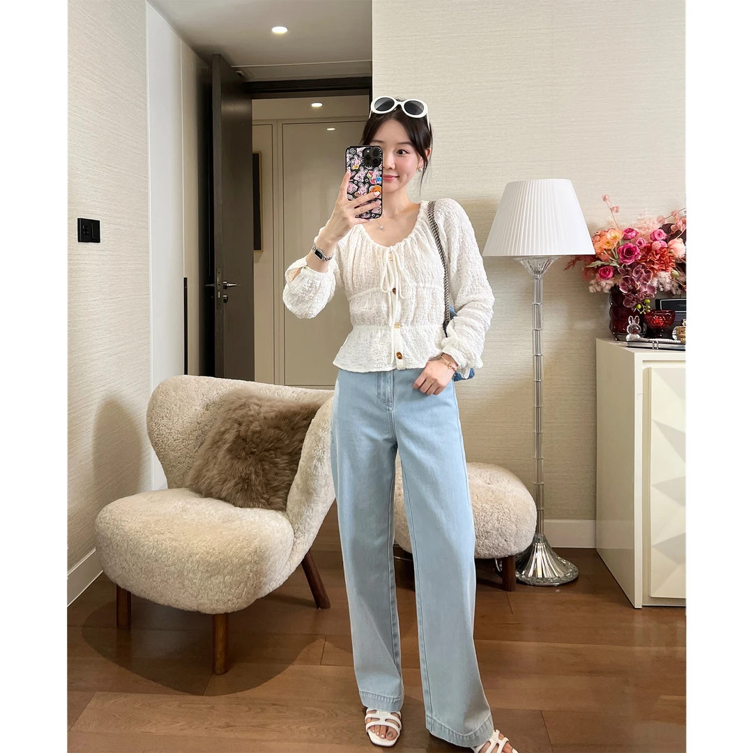 SUNDAYMERRY全棉水洗丹宁立裁分割法棍牛仔裤裤子