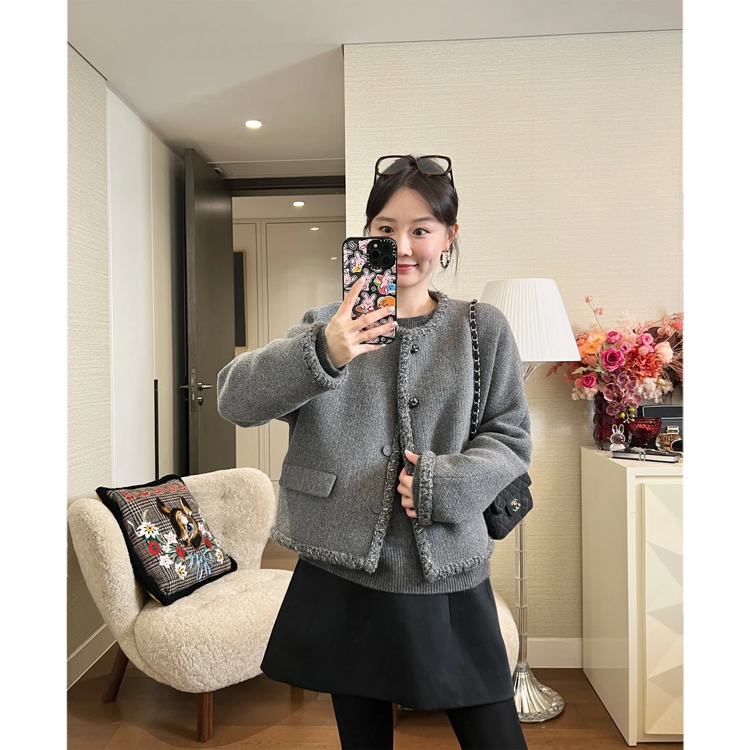 SUNDAYMERRY饼干纹羊毛粗呢 连肩织带饰短外套