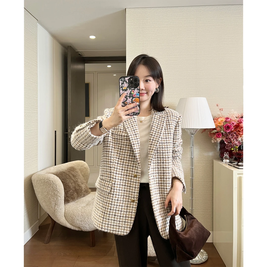 SUNDAYMERRY限量意大利千鸟格毛呢 单排金扣西装外套