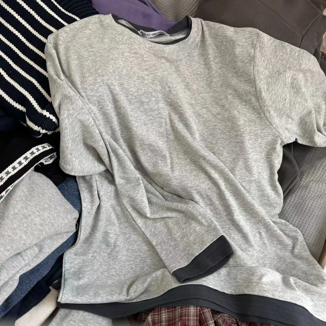 【NO退NO换】韩国东大门秋冬款假两件拼色t