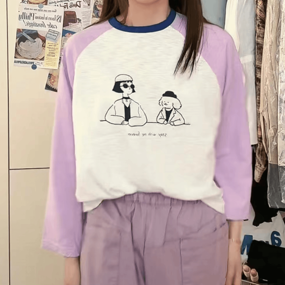 【NO退NO换】韩国东大门插肩袖拼色卡通T