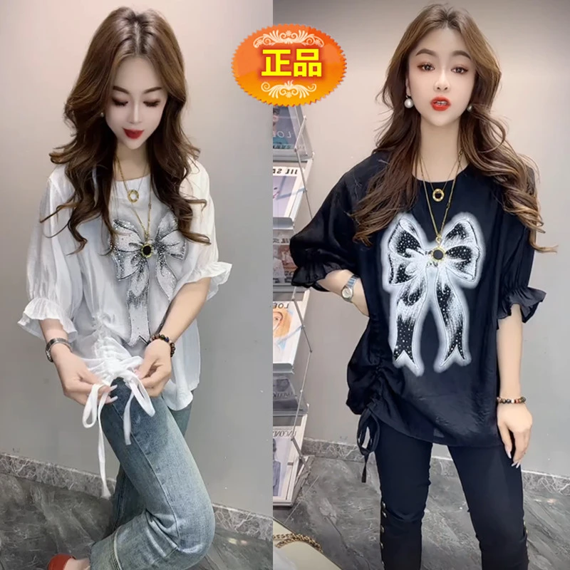 网红爆款时尚圆领重工蝴蝶结短袖T恤宽松显瘦洋气百搭防晒上衣女
