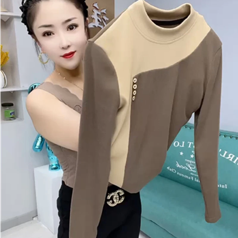 双面绒保暖拼接打底衫秋冬新款时尚百搭洋气减龄气质潮流圆领上衣