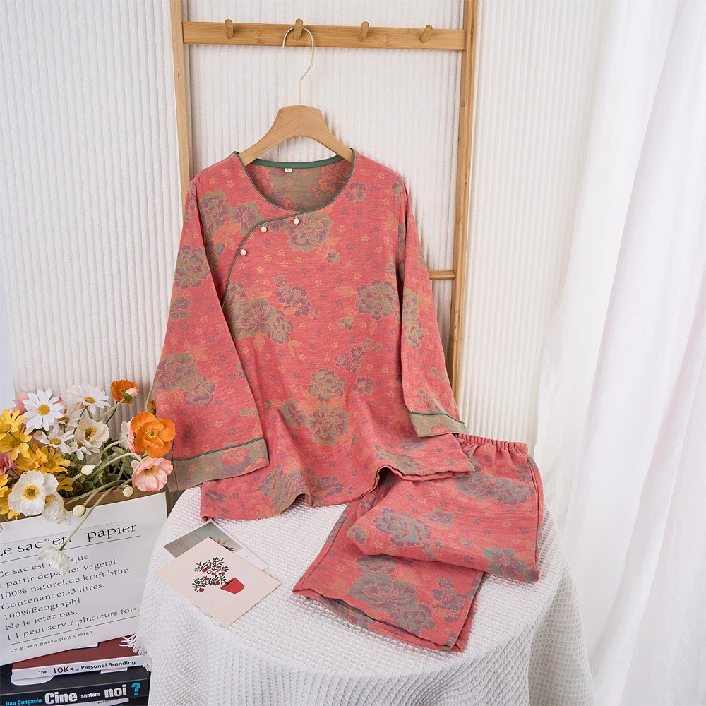 国色天香 新中式色织双层纱纯棉睡衣家居服两件套四季款可外出