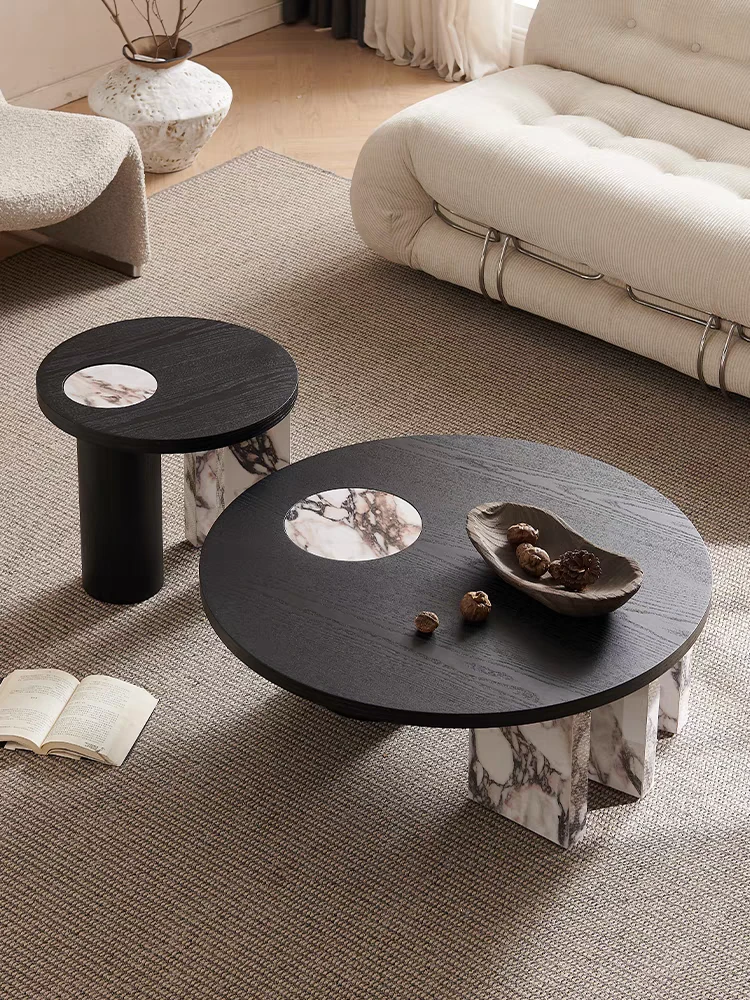 意式极简宝格丽岩板大小圆形茶几家用轻奢现代高级感茶几高低组合