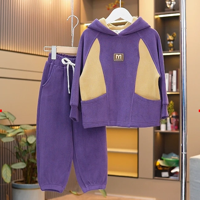 哈喽【加绒加厚】冬季宽松加绒新款男女童洋气拼色韩版休闲连帽套装