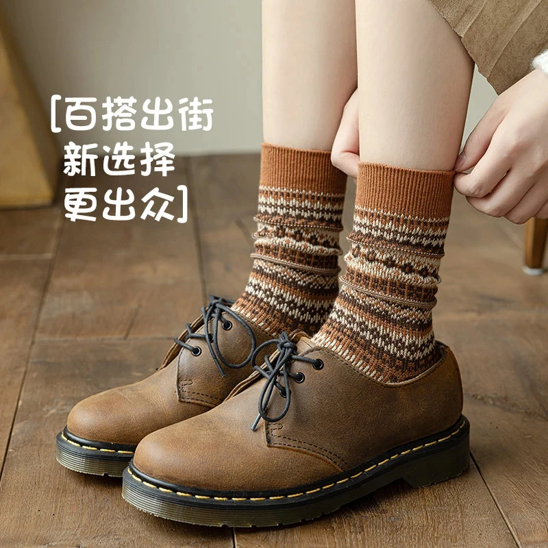 美拉德袜子女秋冬季中筒袜港风复古民族风条纹堆堆袜长筒袜冬天男