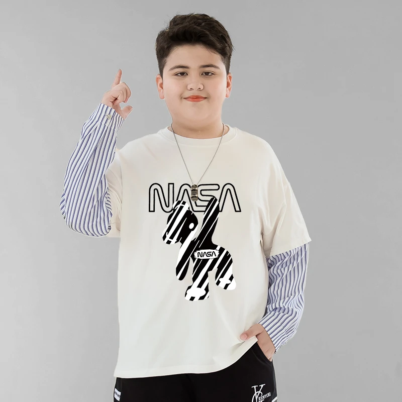 胖男童T恤长袖春季2023新款大码童装中大童加肥加大胖男孩少年长T