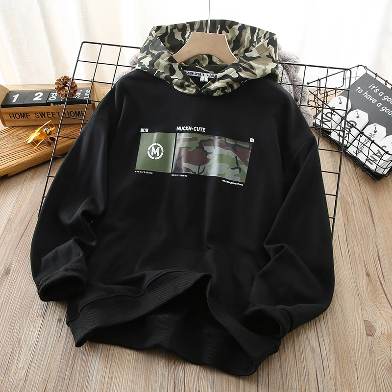 胖童卫衣春秋款运动上衣连帽中大童加肥加大迷彩外套大码套头衫潮