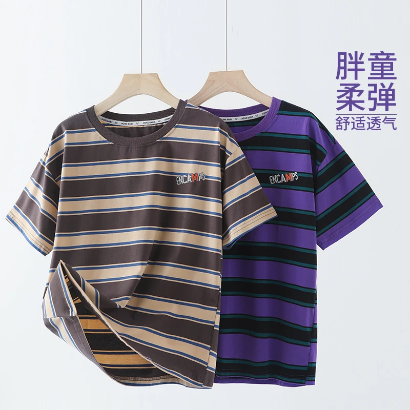 胖童装男童薄款短袖加肥加大男孩t恤半袖夏季宽松条纹圆领上衣
