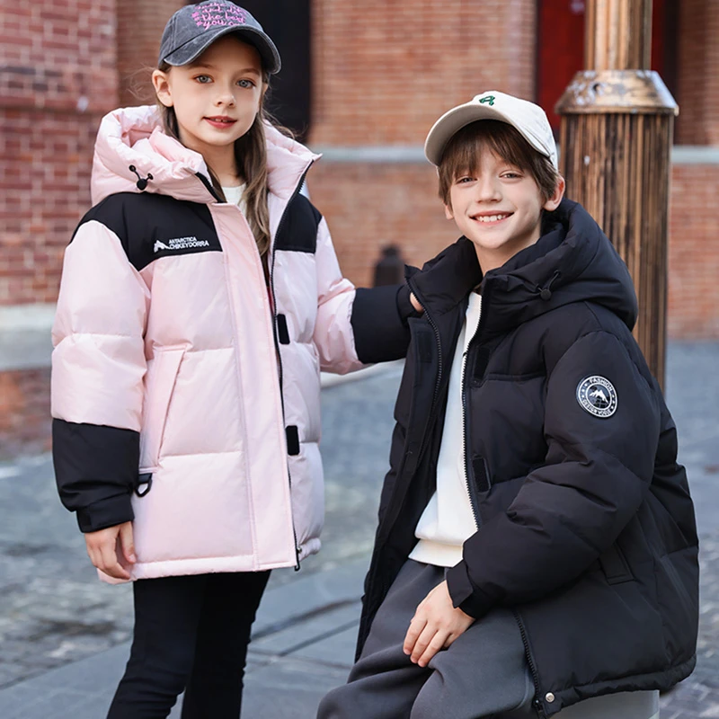 儿童羽绒服中长款连帽加厚秋冬外套拼色中大童韩版时尚冬装男女童