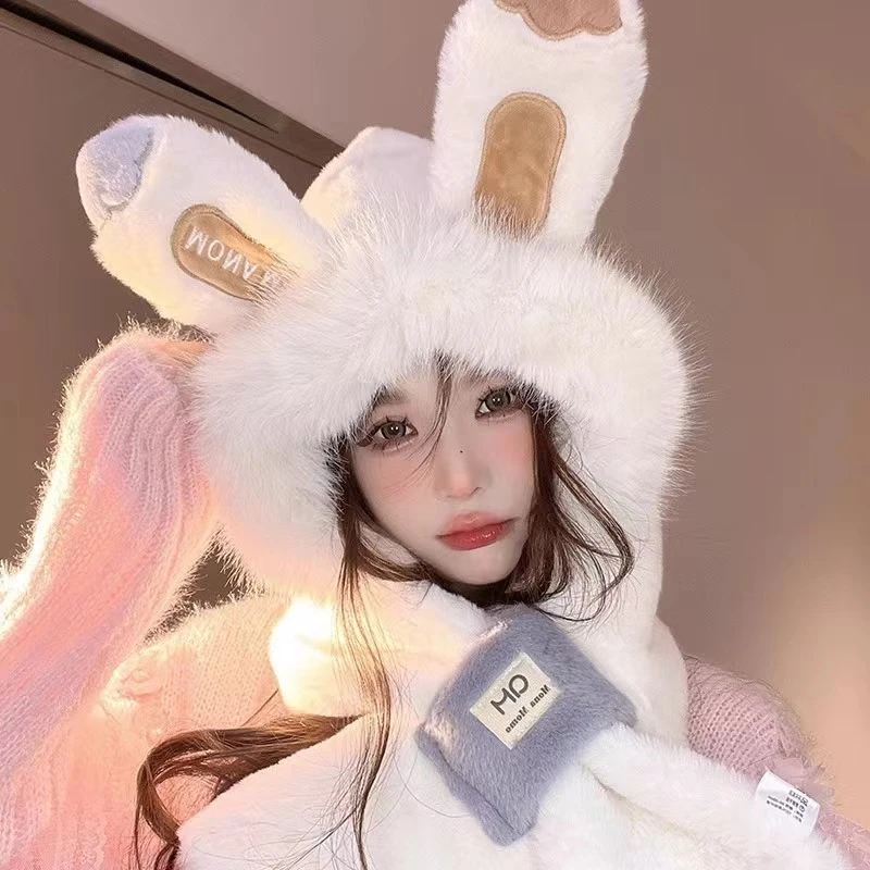 兔耳朵保暖护耳毛茸茸两件套冬天加厚毛绒雷锋帽子女骑车保暖帽子