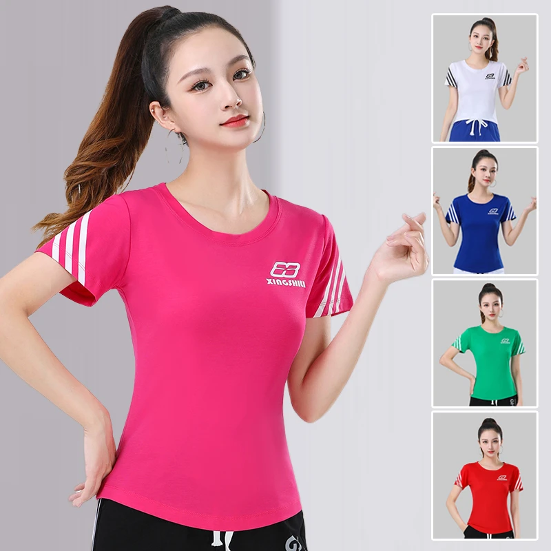 XRY夏季显瘦短袖运动T恤圆领透气休闲衣女广场舞健身操瑜伽跑步服