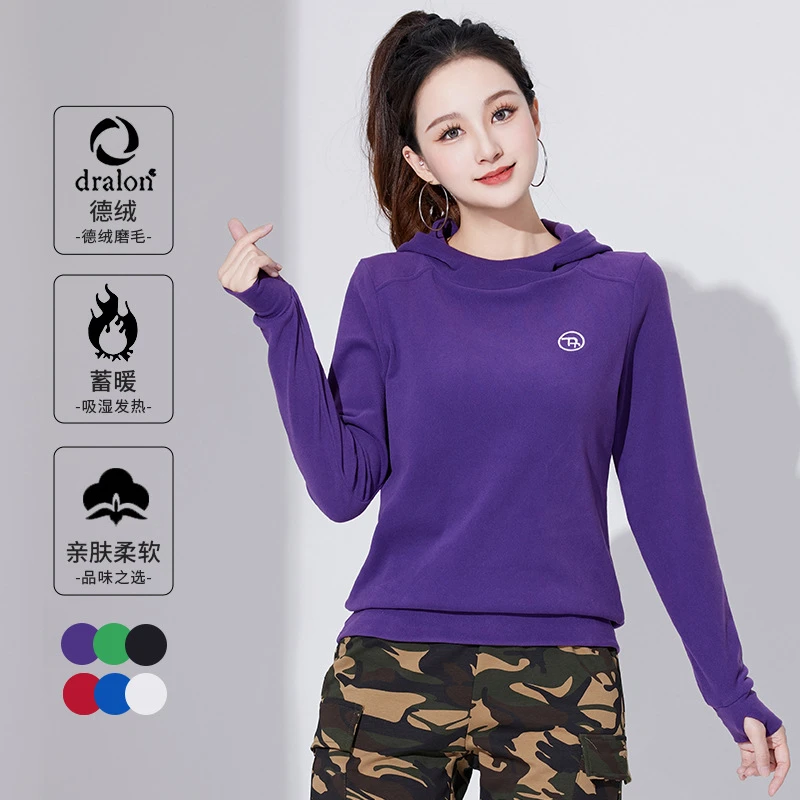 XRY广场舞服装新款加厚德绒上衣连帽跳操运动户外跑步健身服女冬