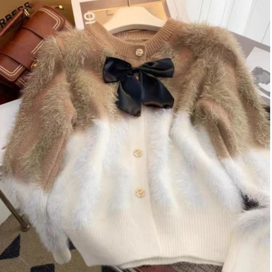 洋气减龄蝴蝶结渐变色毛衣女秋冬时尚气质显瘦针织开衫