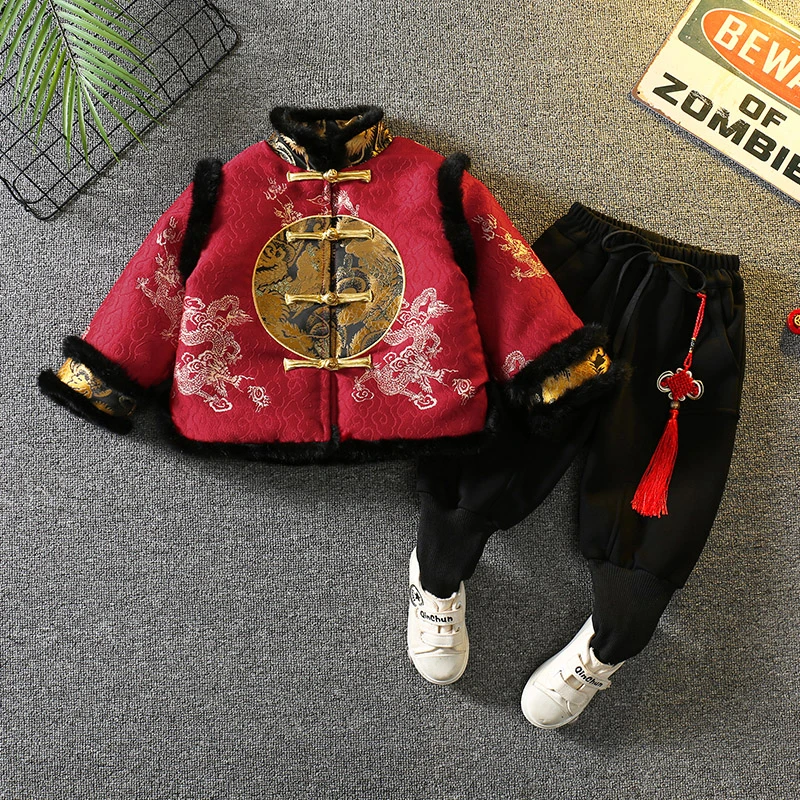 宝宝高端唐装拜年服冬季男童加厚周岁礼服新中式儿童复古国风套装