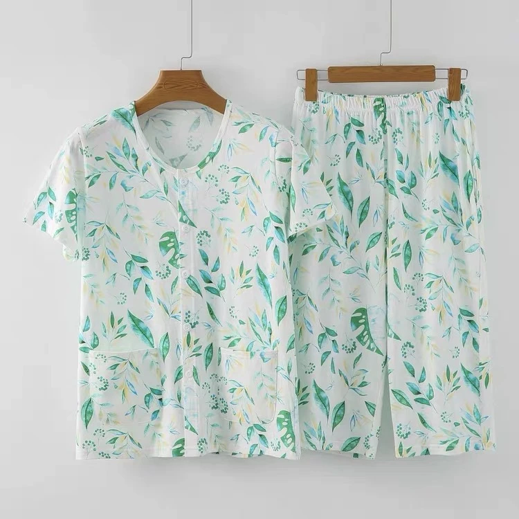 中老年纯棉短袖七分裤大码家居服套装薄款印花妈妈圆领对襟睡衣