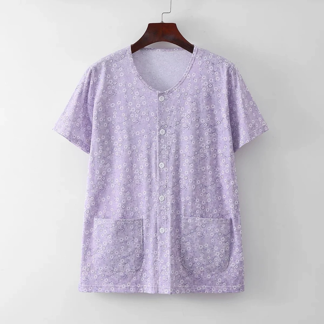 女士纯棉短袖薄款加肥大码中老年人对襟空调开衫妈妈圆领宽松汗衫