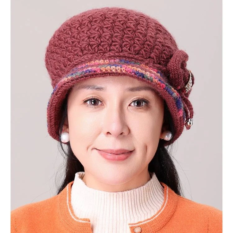 老美华冬季女士羊毛面料手工编织彩色花边卷檐帽 444261049
