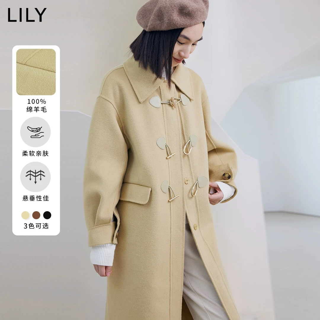 LILY冬女装牛角扣中长款毛呢外套呢大衣122429FN969