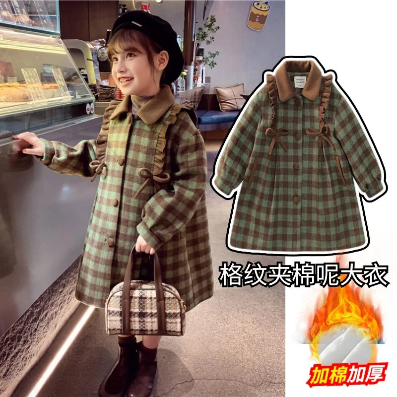 女童外套2024新款夹棉加厚冬季格纹风衣学院风中长款格子呢子大衣