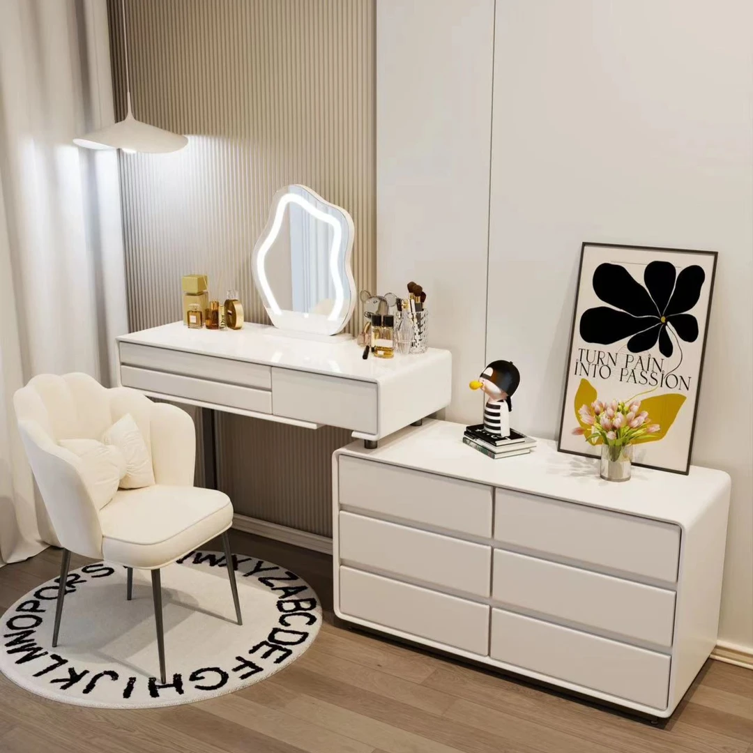 全实木岩板奶油风梳妆台现代简约卧室化妆桌台收纳柜转角柜化妆台