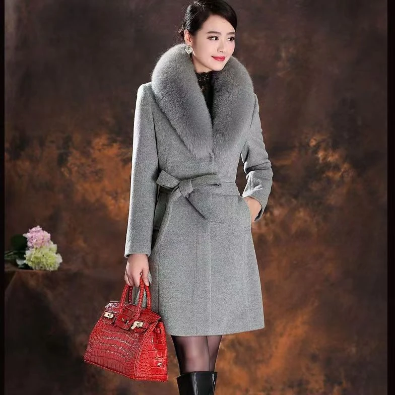 新款真狐狸毛领羊绒大衣中长款毛呢外套显瘦气质大衣女秋冬高级感