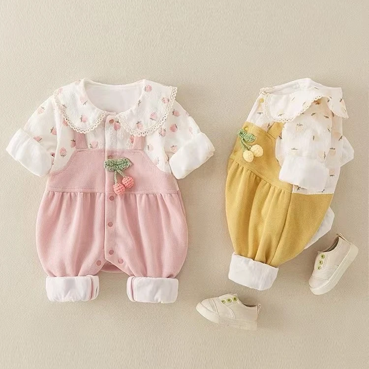 小草莓假两件双层纯棉春秋新款男女宝宝同款高品质婴儿连体衣长袖