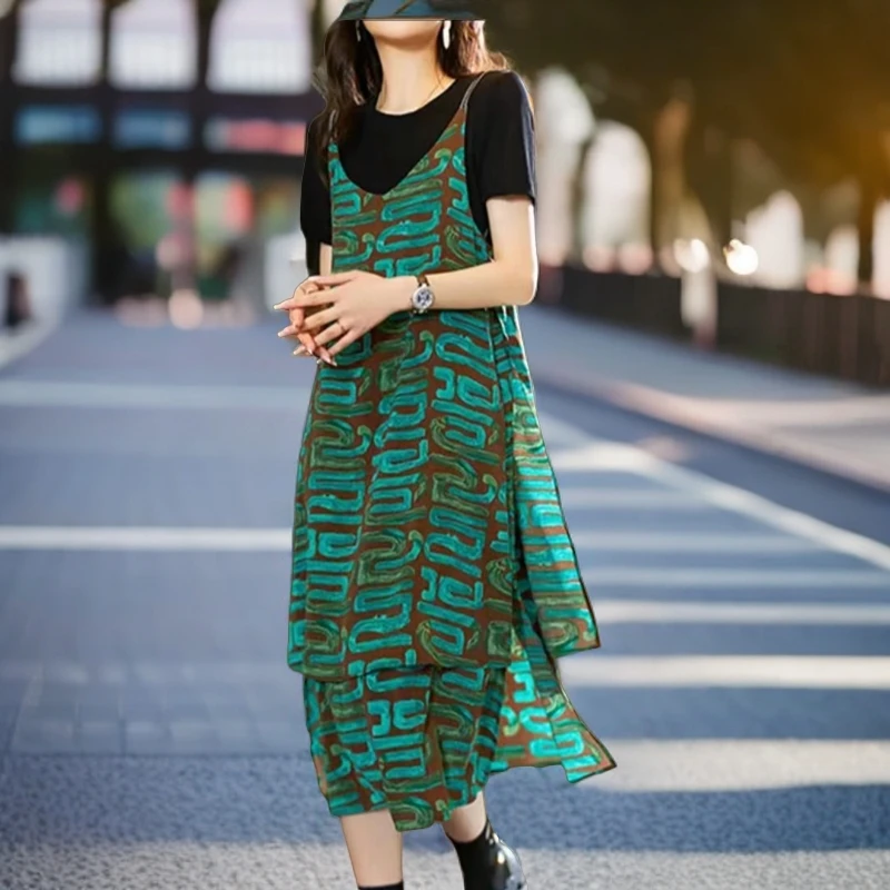 夏季女装连衣裙大码显瘦气质时尚吊带裙短袖上衣宽松连衣裙洋气爆