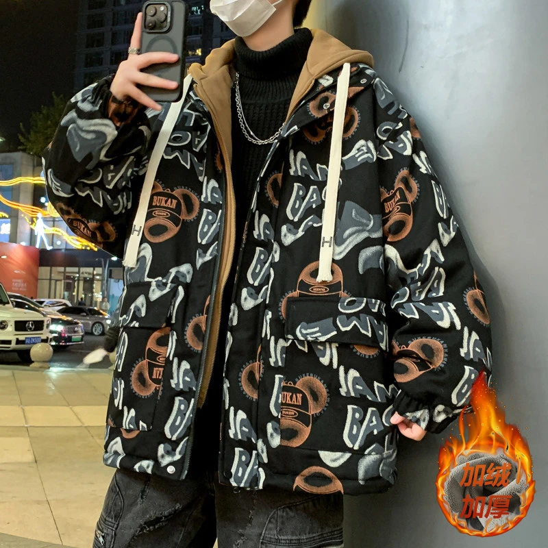 2023冬季新款青少年男生加绒加厚休闲学生棉衣潮牌时尚棉袄潮男装