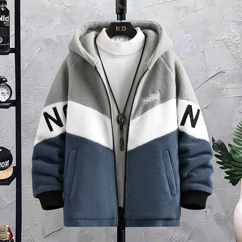 2022新款颗粒绒连帽男士外套加棉加厚青少年时尚休闲百搭外套男