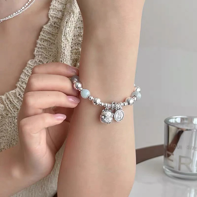 铜合金仿珍珠手链 串珠招财猫时尚轻奢小众设计精致百搭高级感潮