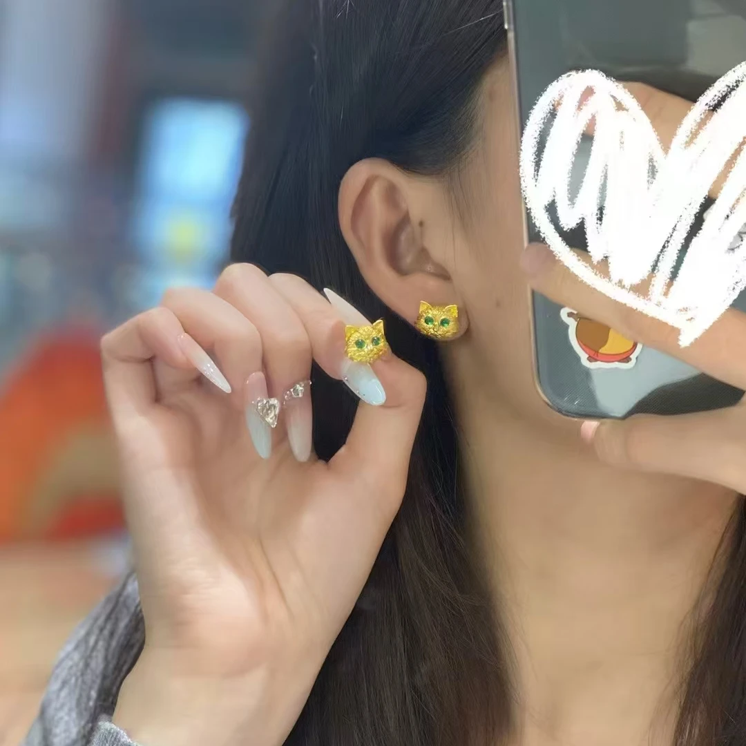 足金999古法黄金猫猫耳钉布偶猫波斯猫气质时尚绿色蓝色镶嵌可爱