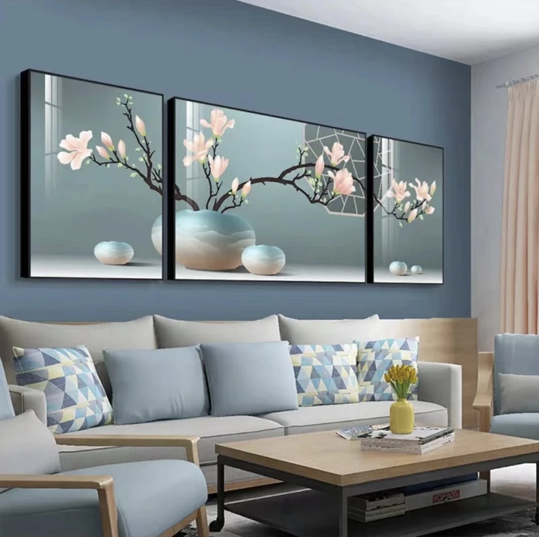 A47玉兰客厅中式沙发背景墙三联画现代简约手工新中式装饰晶瓷画