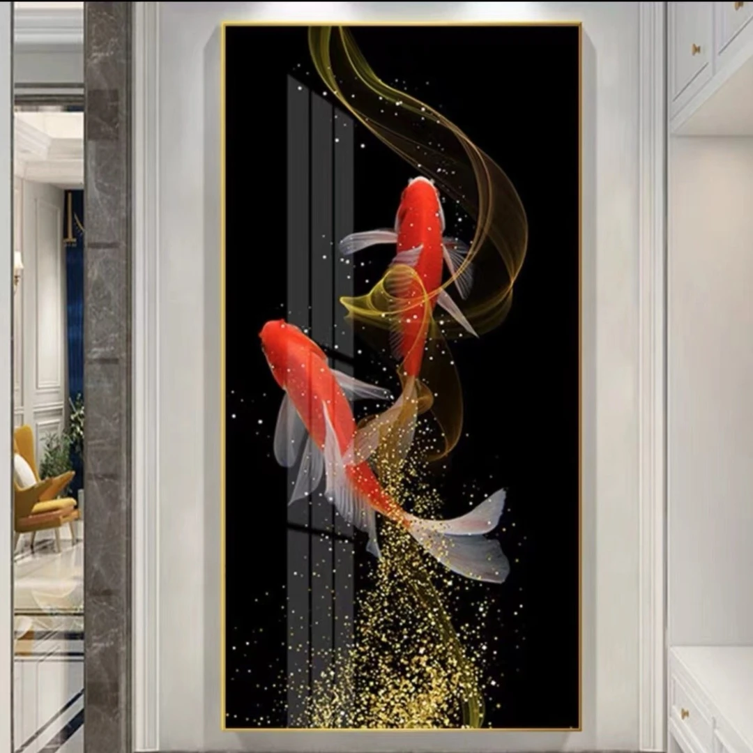 【灯光画】带灯玄关画【金红鲤鱼】晶瓷镶钻铝合金框画框挂画