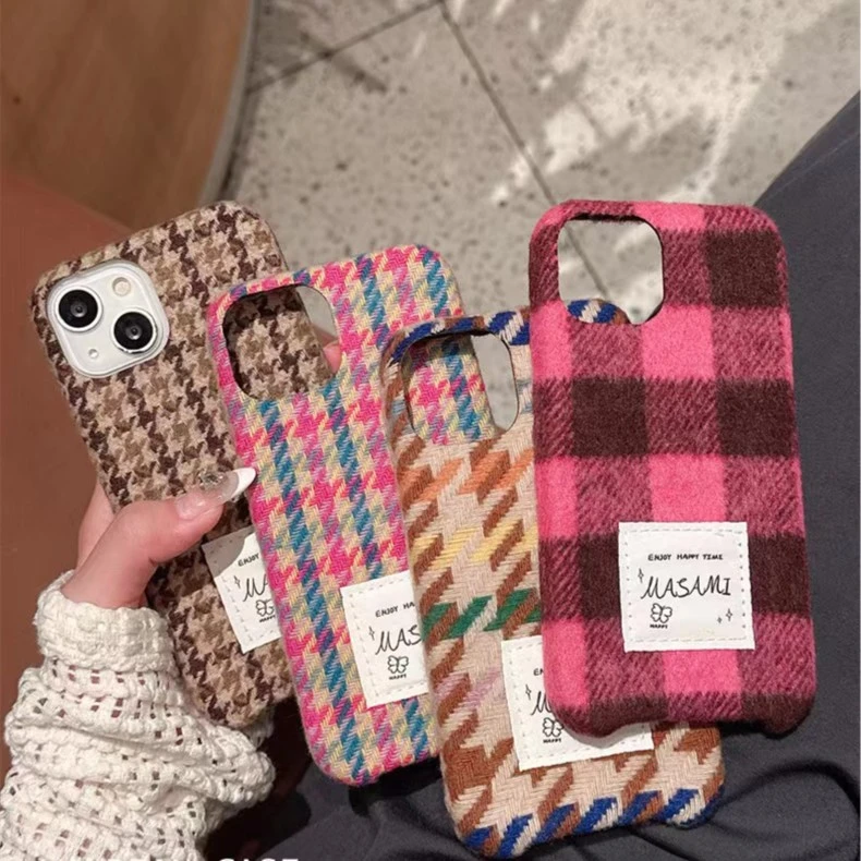 秋冬ins毛绒千鸟格适用苹果15promax手机壳iphone13新款14茸布12