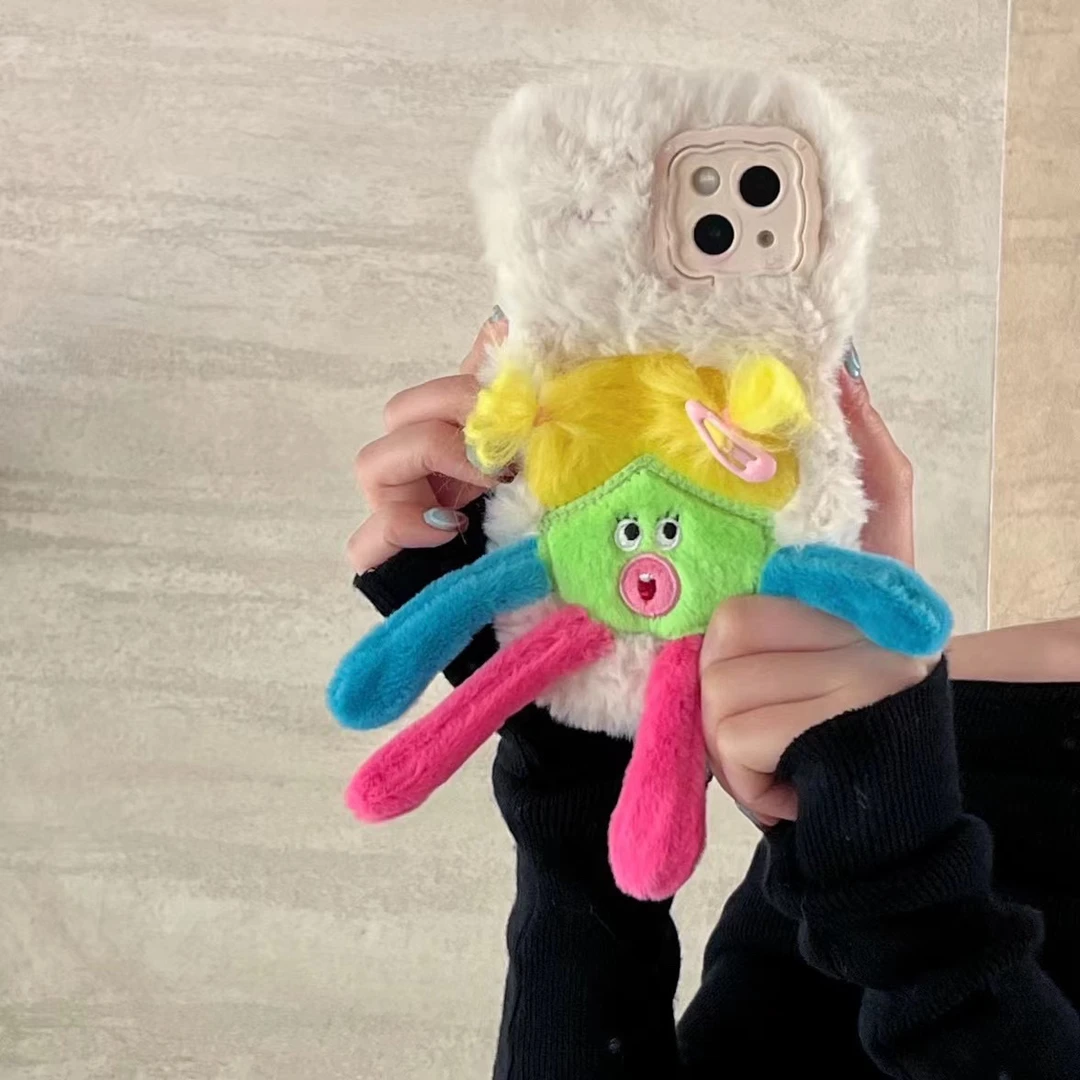 苹果华为秋冬毛绒炸毛表情15手机壳iPhone14支架抽拉13p毛茸12/11