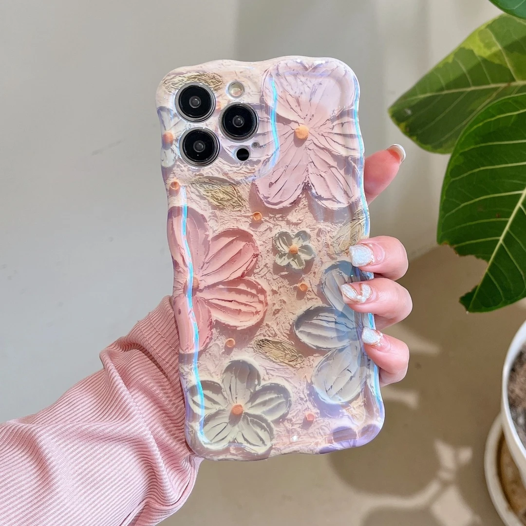 【苹果】iPhone14/13/12promax防摔波浪边油画花朵蓝光女新手机壳