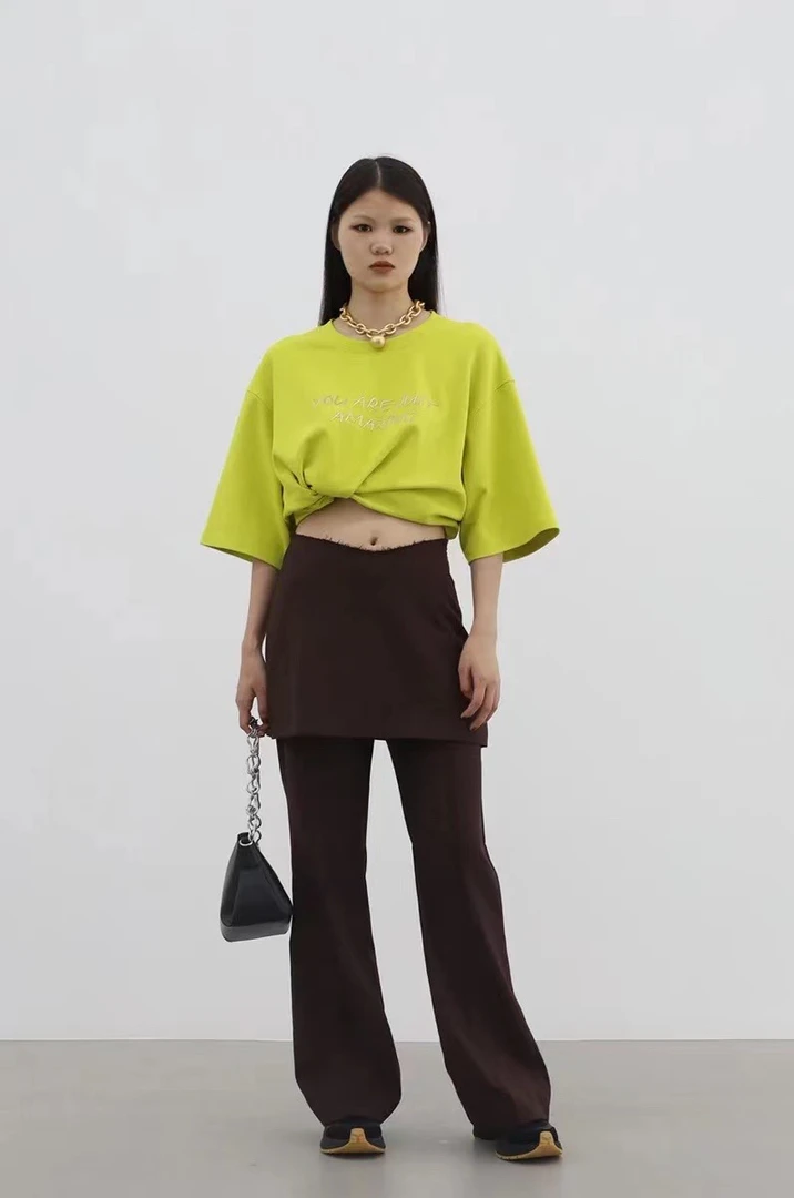 米娅 美拉德穿搭小众设计假两件修身喇叭裤裙 黑色/咖色