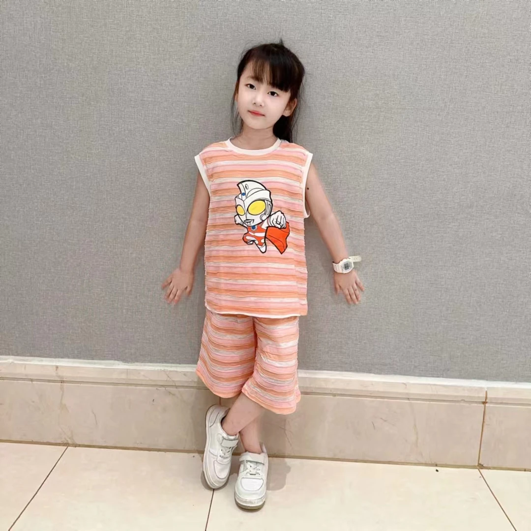 夏季儿童男女同款条纹奥特曼无袖套装90-150