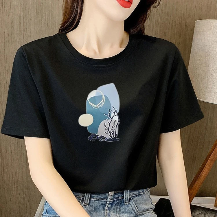 雪雕家主打百搭短袖洋气清0白色黑色短款上衣时尚纯棉打底衫ins