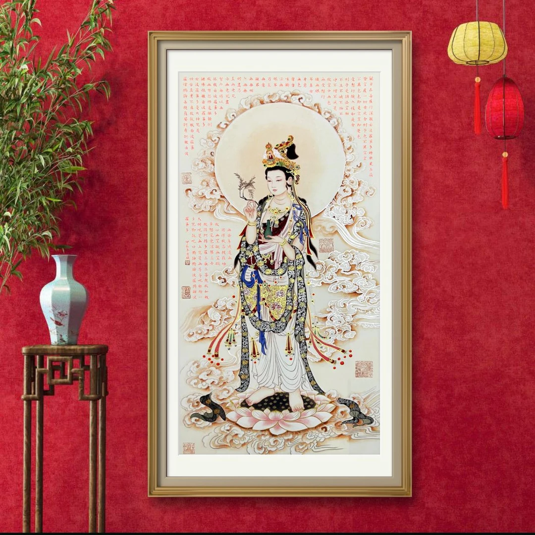 【宫彩手绘描金】祥云水月观音图—胡墨——手绘国画