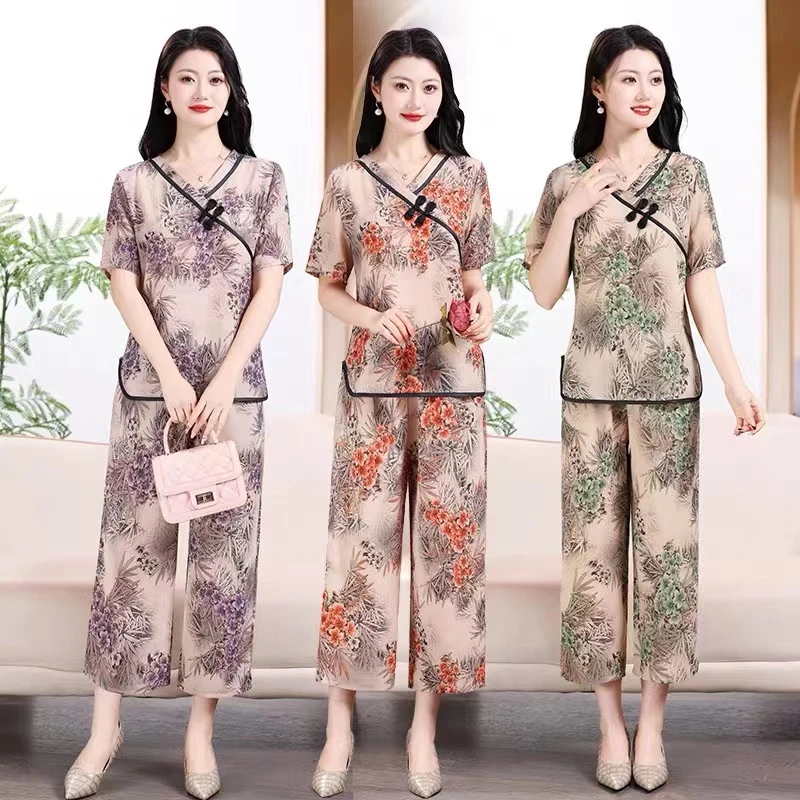 复古中国风女装夏季套装妈妈装洋气复古盘扣上衣女阔腿裤两件套夏