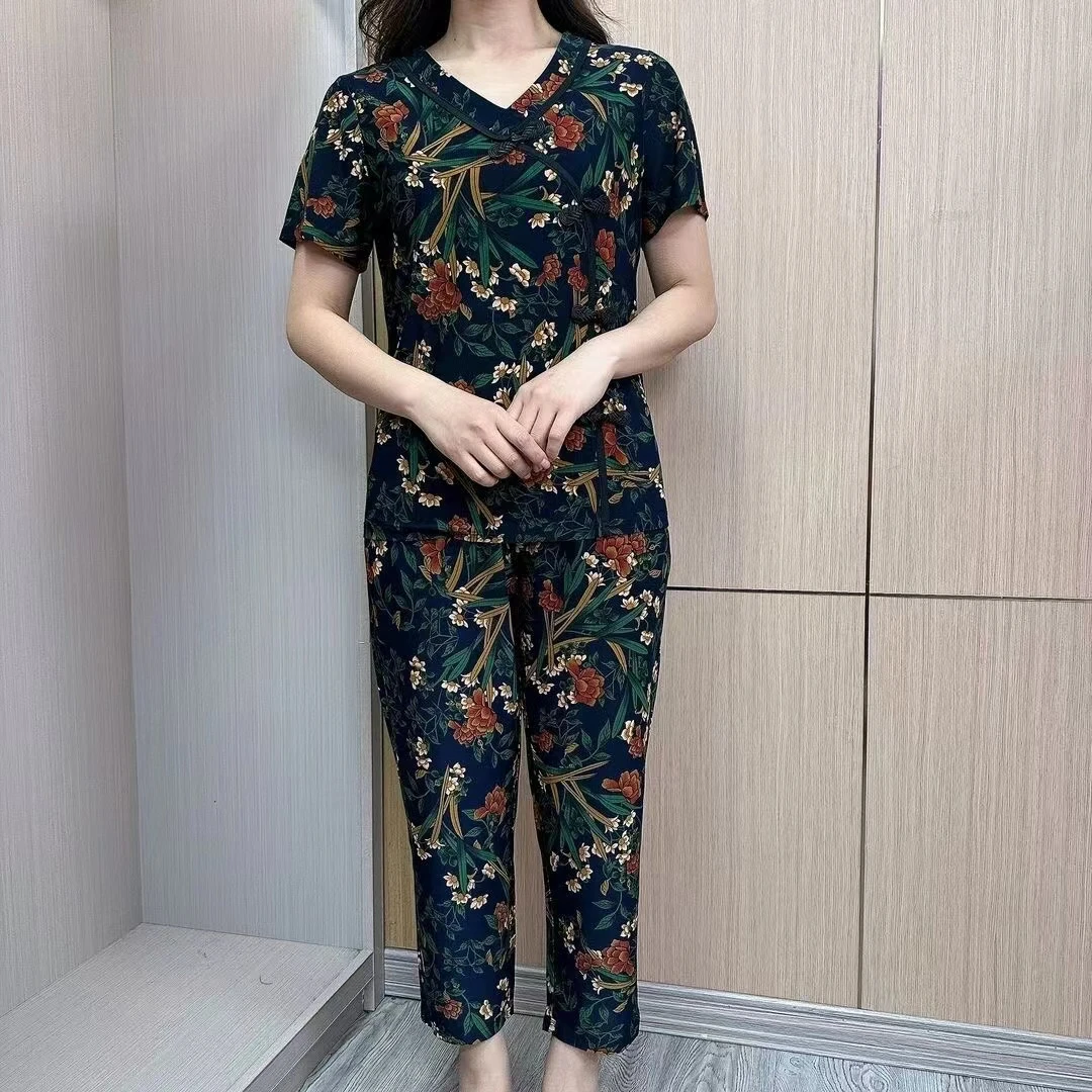 中老年女装复古百搭印花套装时尚减龄妈妈装国风九分裤冰丝两件套