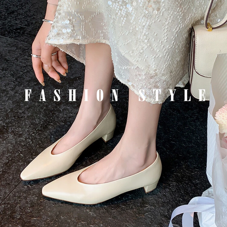 【李李专属】4cm秋季新款单鞋时尚粗跟女鞋尖头软底鞋