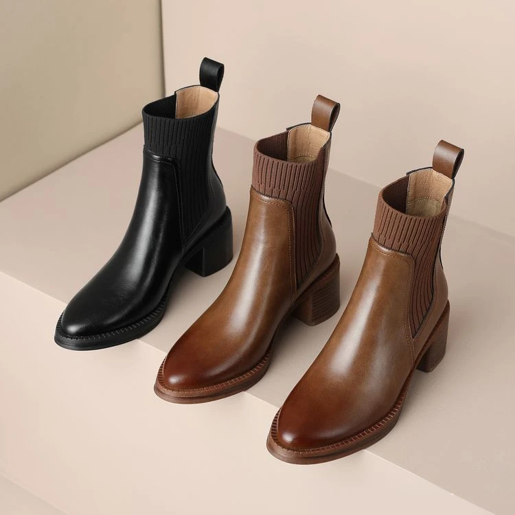 【蔻牌女鞋】5cm短靴2024秋冬新款法式复古气质百搭瘦瘦靴粗跟真皮