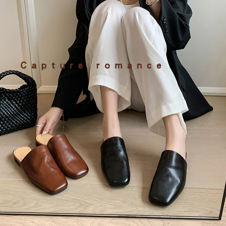 【蔻牌女鞋】1.5CM网红包头拖鞋夏季复古风平跟凉鞋软底纯色凉拖鞋